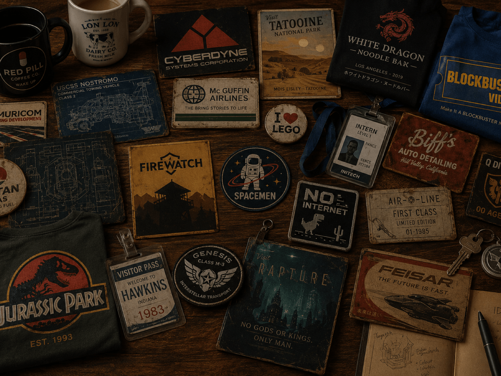 Original fan-inspired artwork including travel posters, logos and fictional company designs.